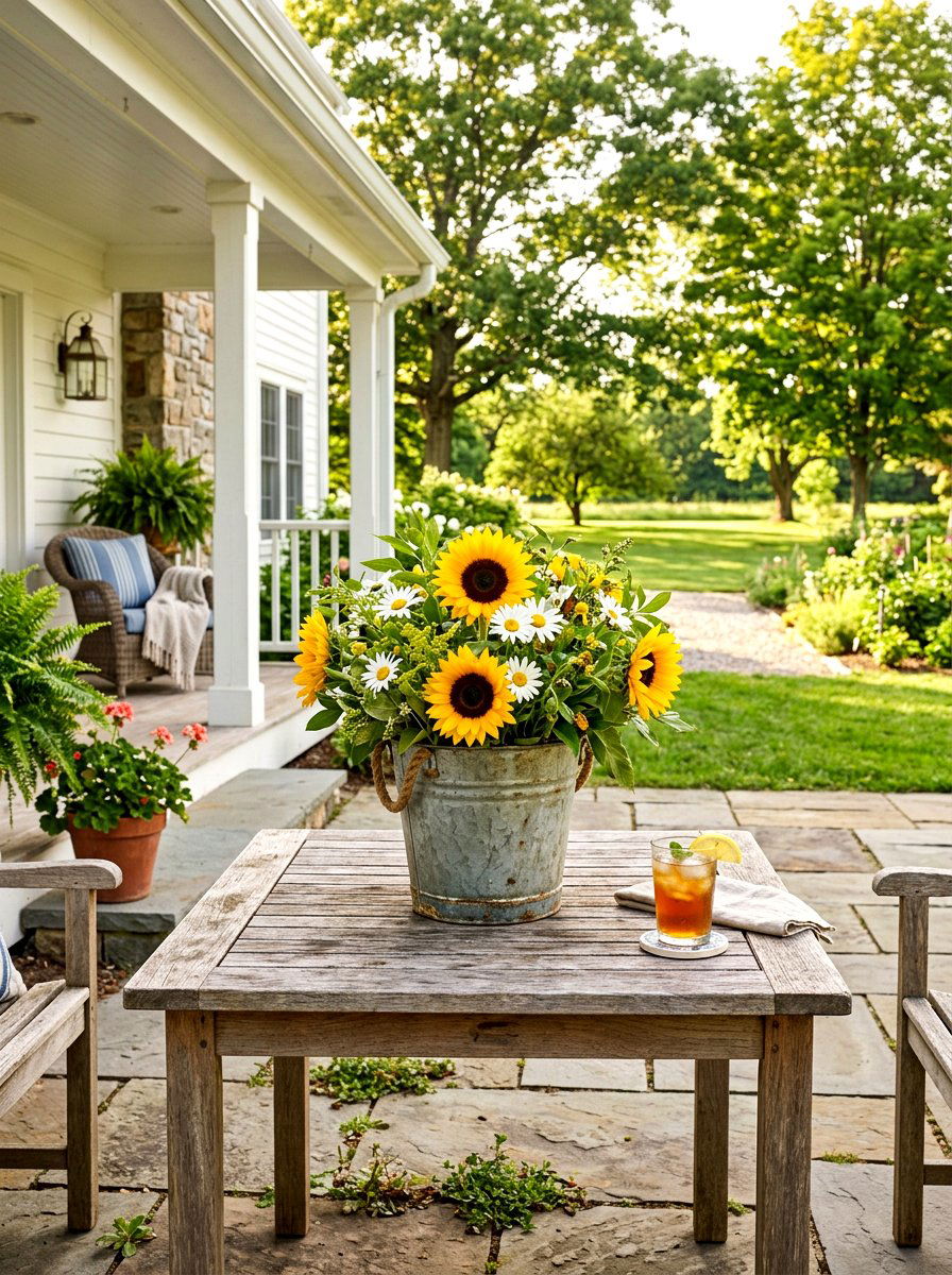 Rustic Galvanized Bucket - 25 Spring Patio Table Centerpiece Ideas