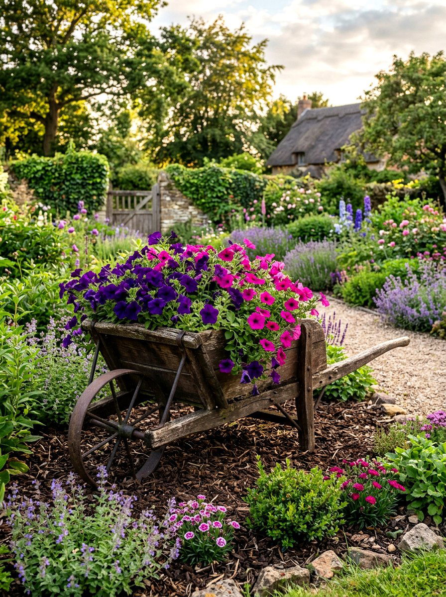 Rustic Garden Wheelbarrow With Petunias - 25 Spring Wheelbarrow Decor Ideas