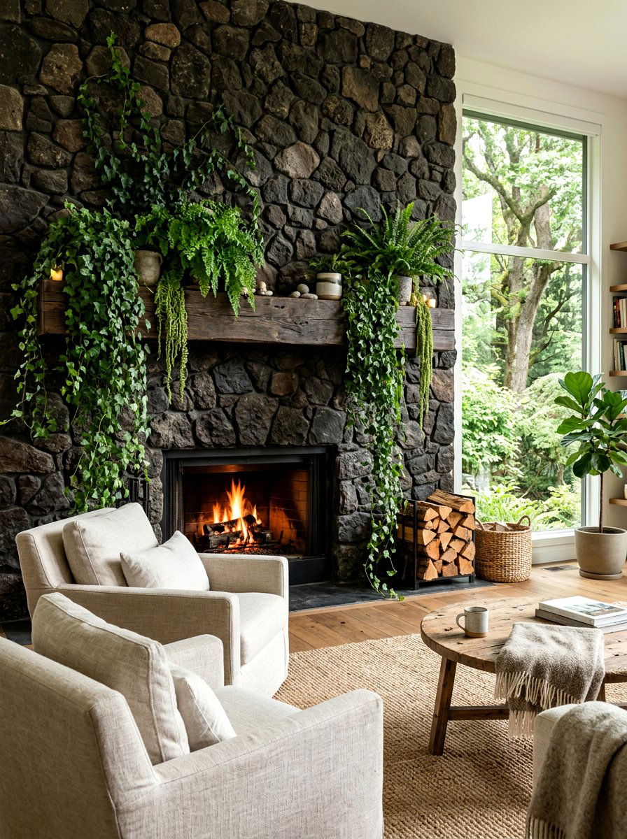 Rustic Mantel Greenery - 25 Spring Stone Fireplace Decor Ideas