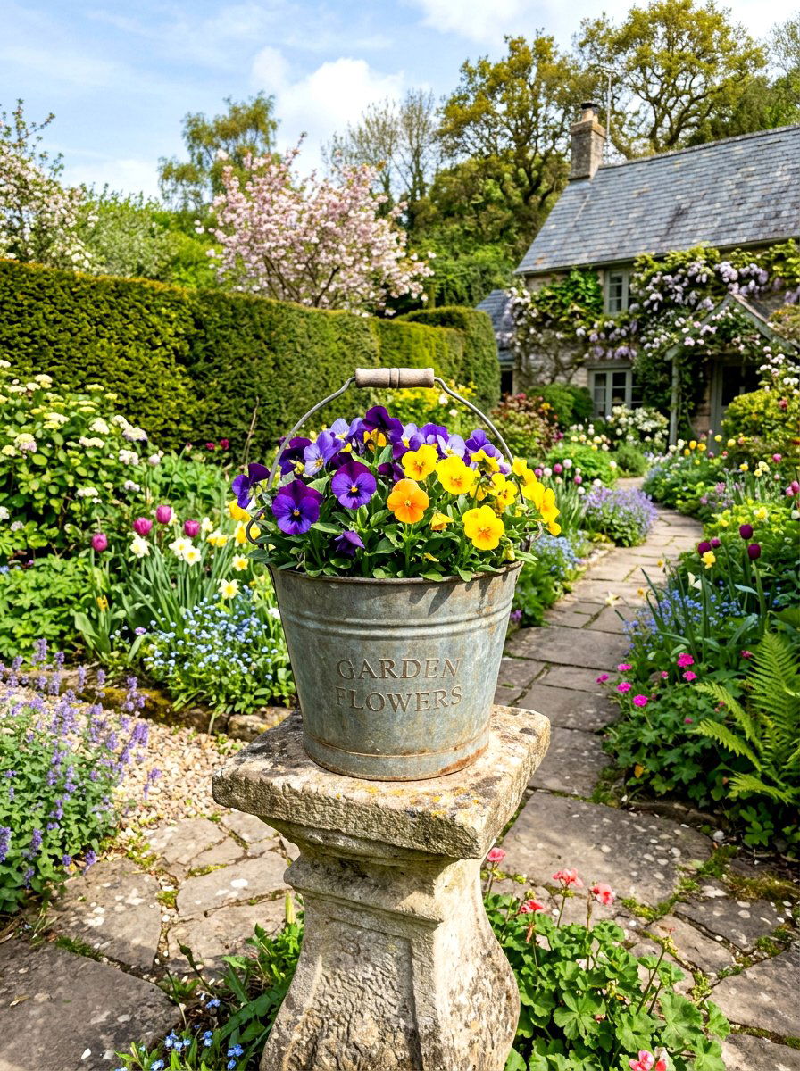 Rustic Metal Bucket For Pansies - 25 Spring Tin Bucket Planter Ideas