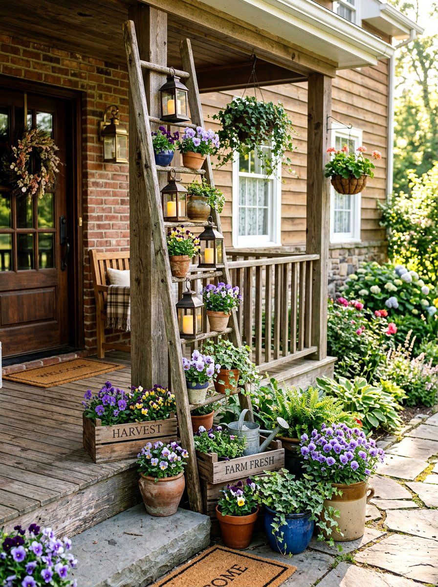 Rustic Porch Floral Display - 25 Spring Ladder Decor Ideas