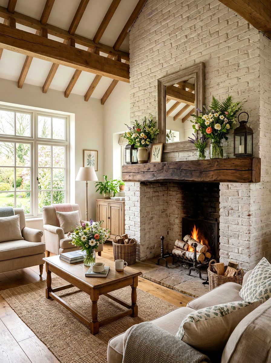 Rustic Spring Living Room - 25 Spring White Brick Fireplace Ideas