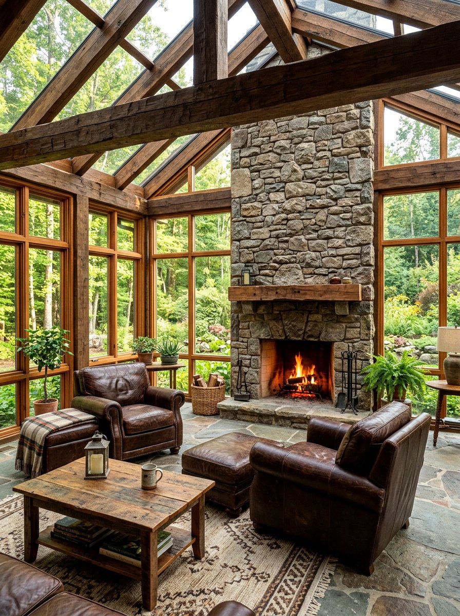 Rustic Sunroom With Natural Stone - 25 Spring Sunroom Decor Ideas