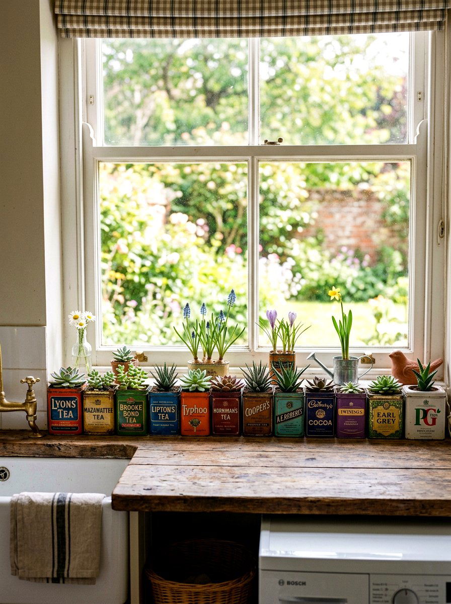 Rustic Tea Tin Window Sill - 25 Spring Antique Planter Ideas