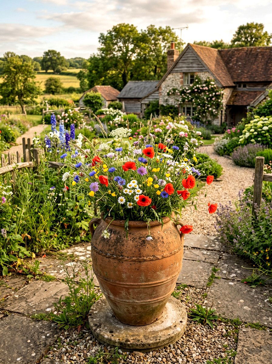Rustic Terracotta Urn With Wildflowers - 25 Spring Urn Planter Ideas