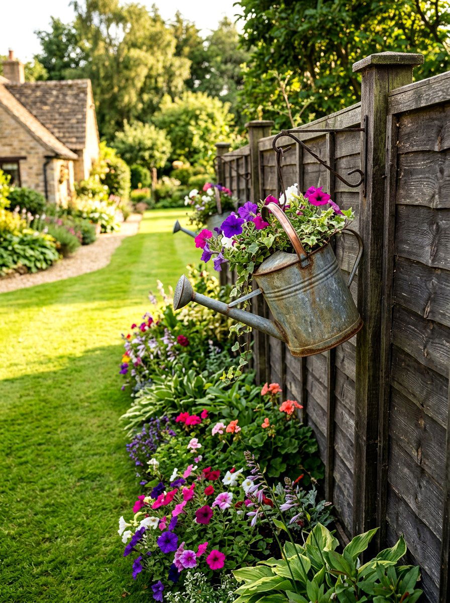 Rustic Watering Can Garden Fence Decor - 25 Spring Watering Can Decor Ideas