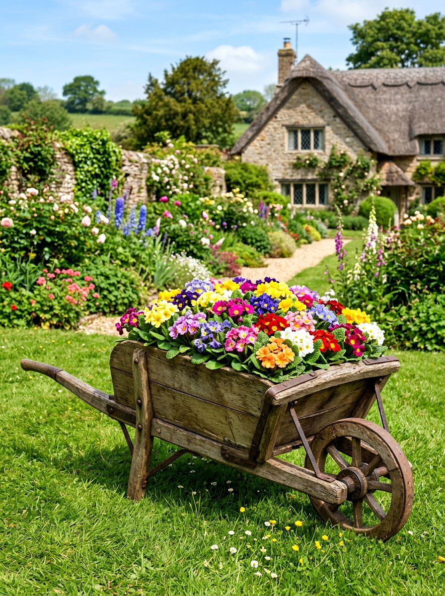 Rustic Wheelbarrow Display - 25 Spring Primrose Planter Ideas