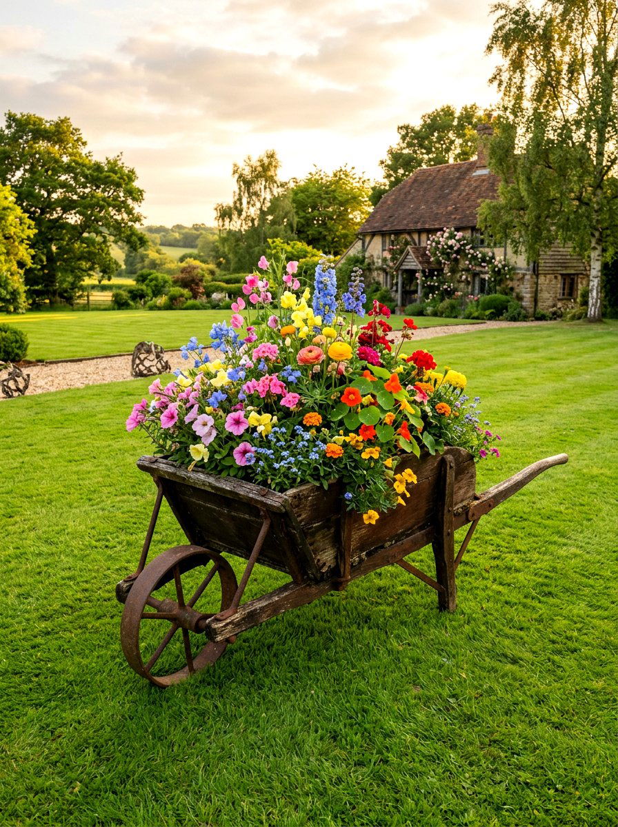 Rustic Wheelbarrow Planter - 25 Spring Flower Stand Ideas