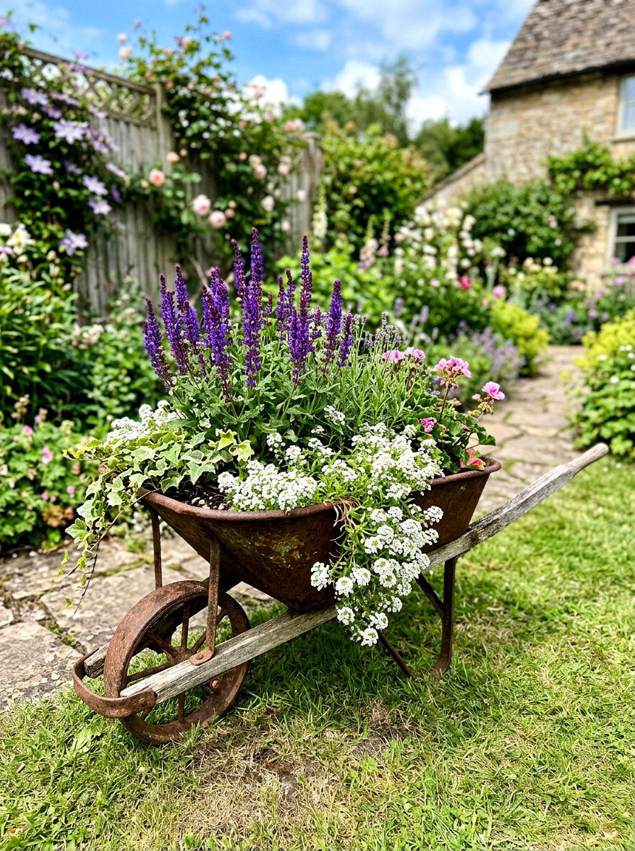Rustic Wheelbarrow Spring Planter - 25 Spring Garden Cart Display Ideas