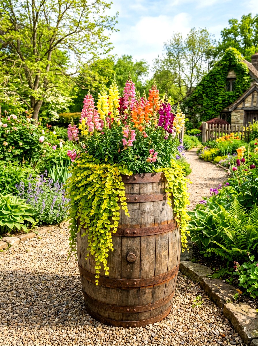 Rustic Whiskey Barrel Planter - 25 Spring Sidewalk Planter Ideas