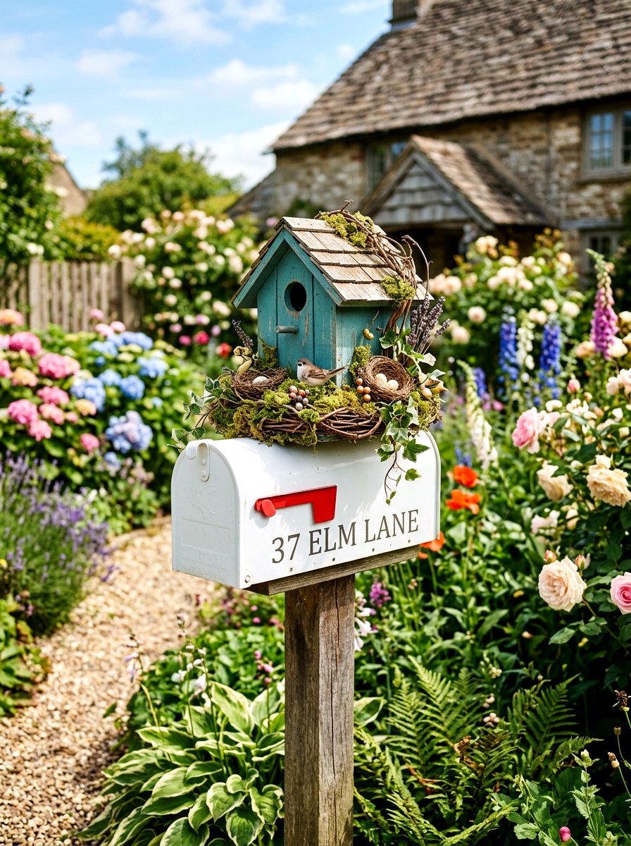 Rustic Wood Birdhouse Topper - 25 Spring Mailbox Topper Ideas