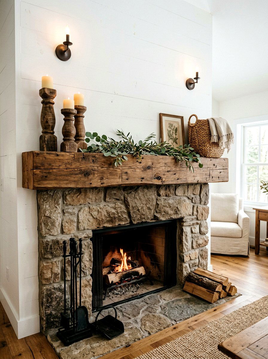 Rustic Wood Mantel - 25 Spring Farmhouse Fireplace Ideas