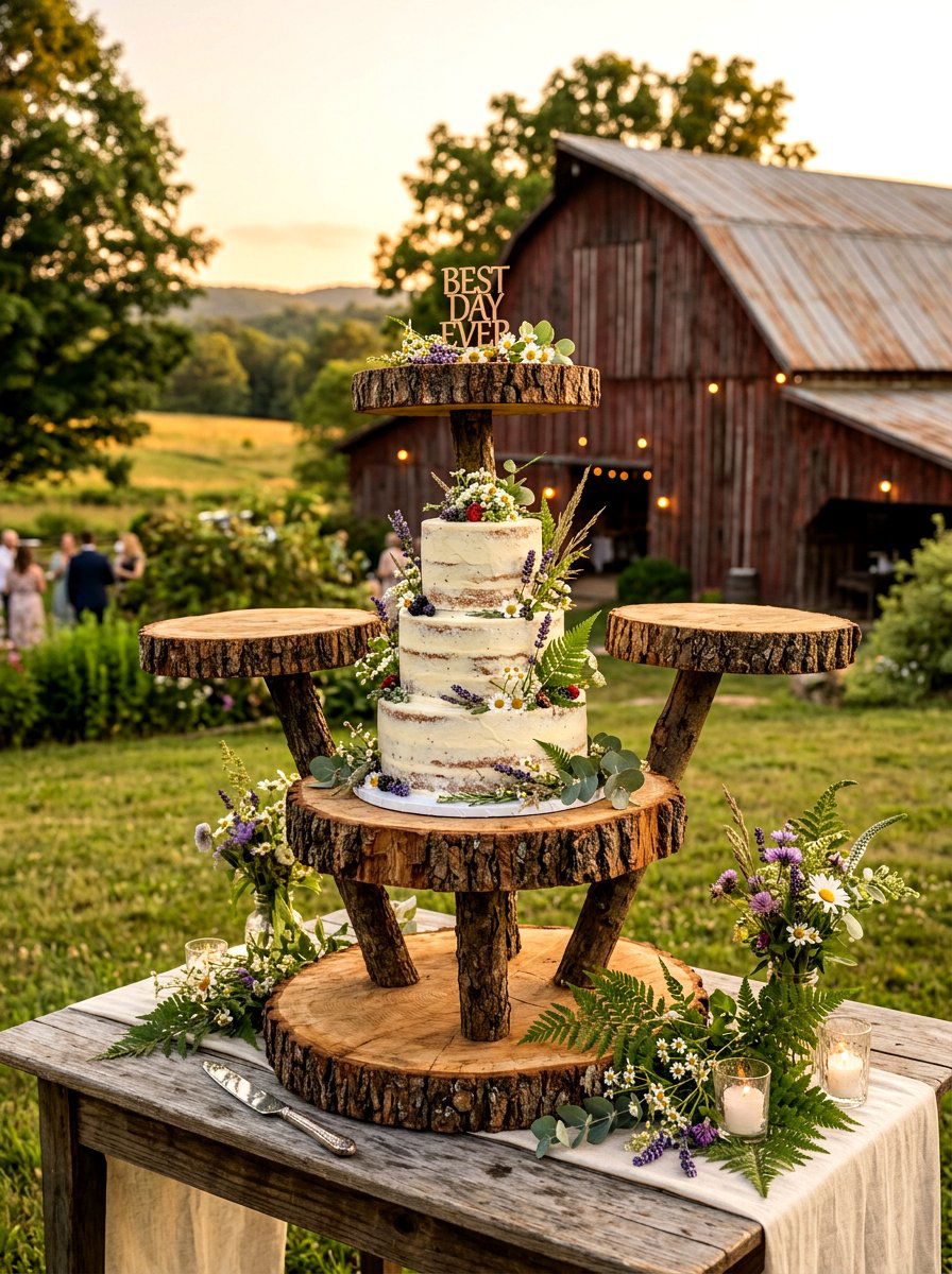Rustic Wood Slice Cake Stand - 25 Spring Wedding Cake Table Ideas