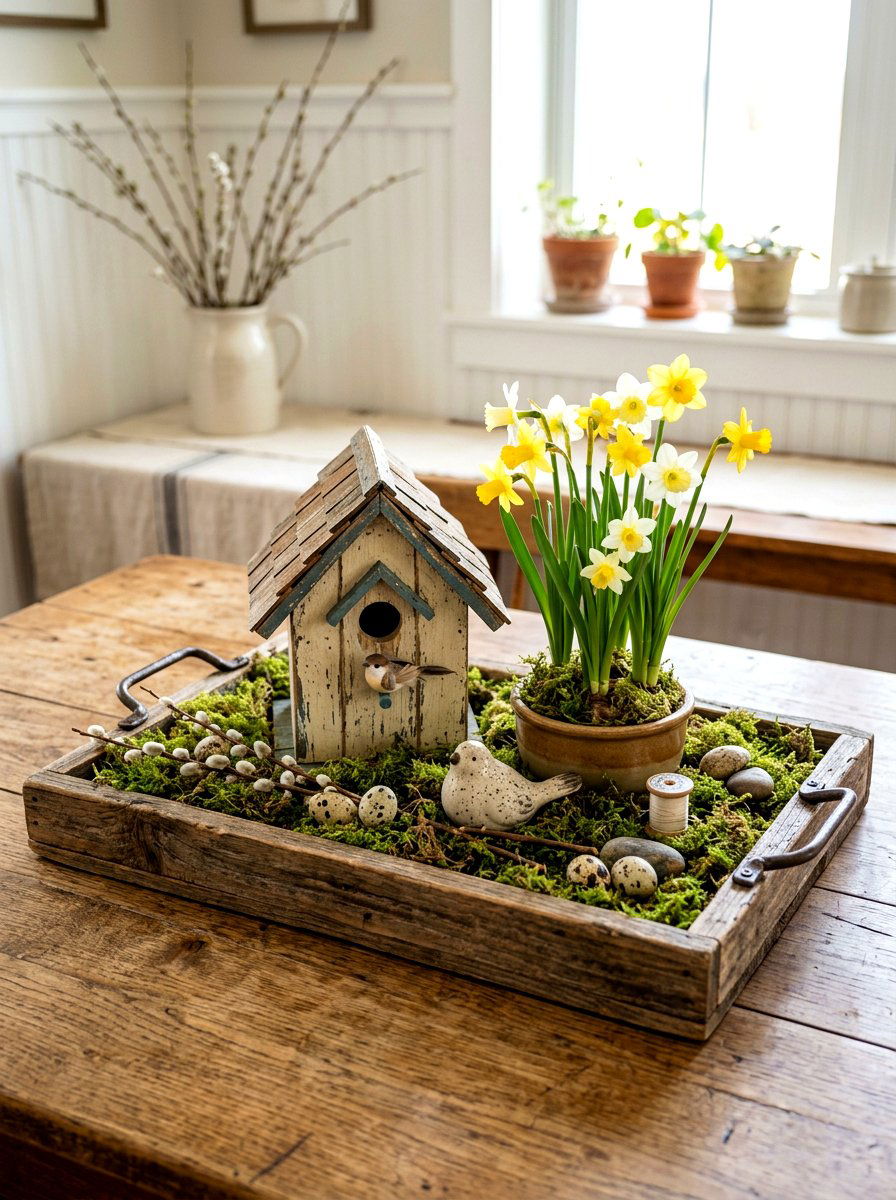 Rustic Wood Tray Spring Decor - 25 Spring Sofa Table Decor Ideas