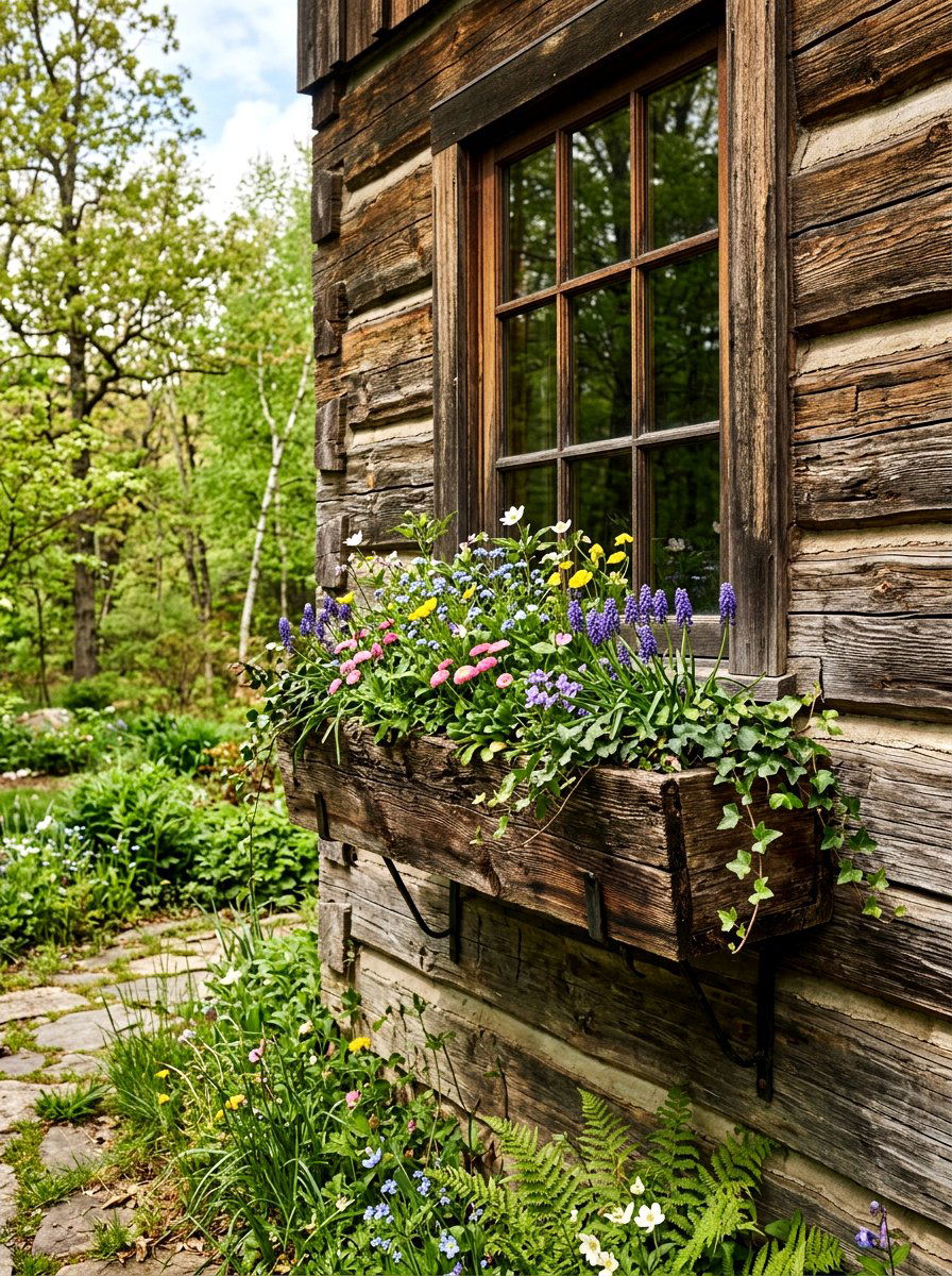 Rustic Wood Window Box - 25 Spring Window Box Ideas
