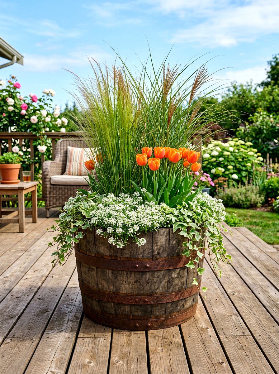 Rustic Wooden Barrel Planter - 25 Spring Antique Planter Ideas