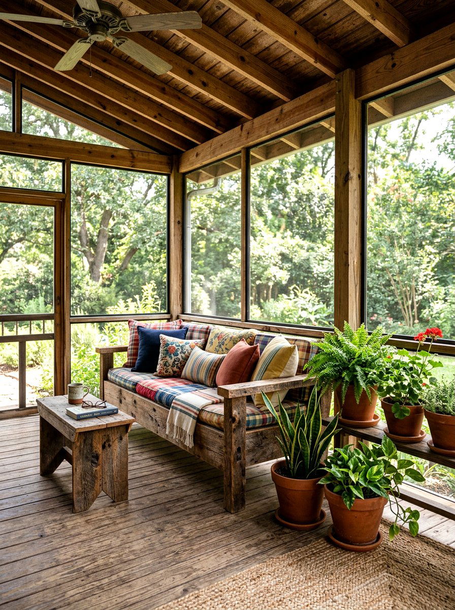 Rustic Wooden Bench - 25 Spring Screened Porch Decor Ideas