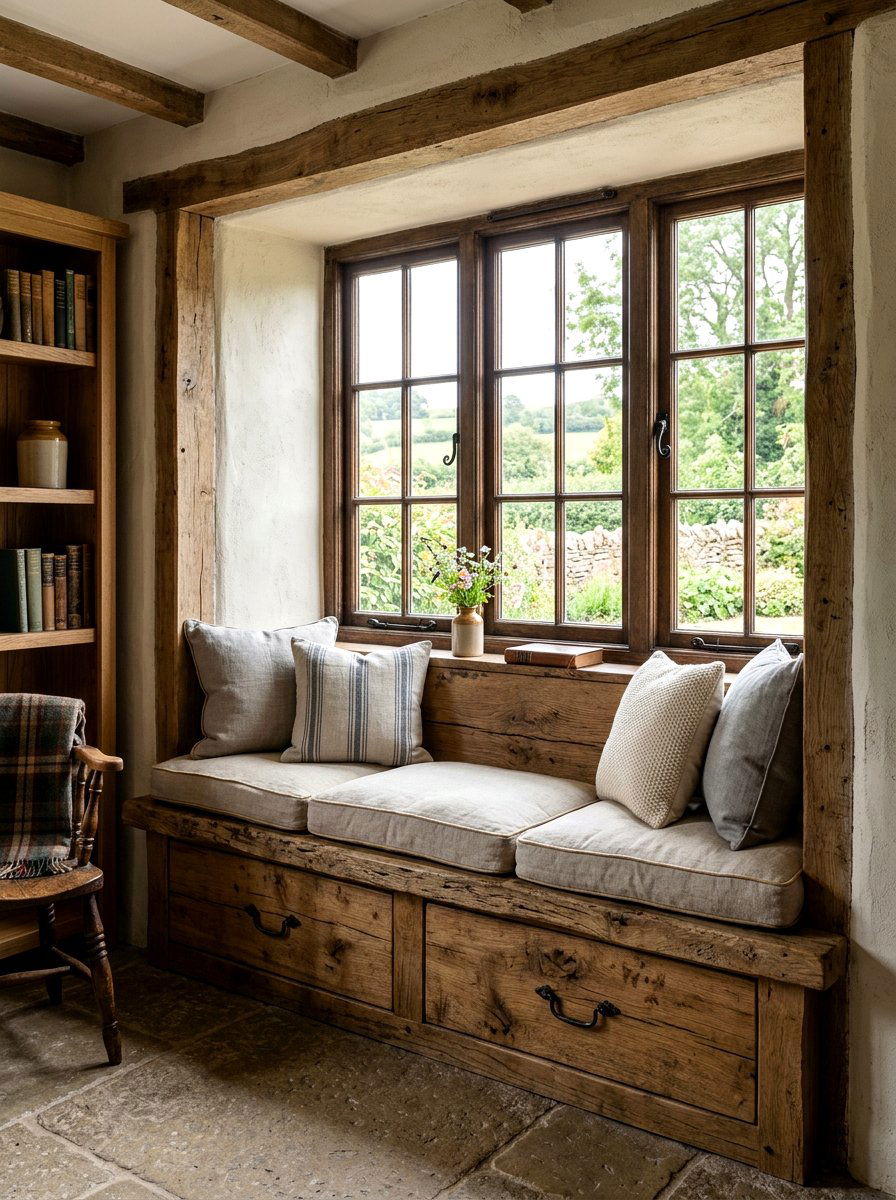 Rustic Wooden Bench - 25 Spring Window Seat Decor Ideas