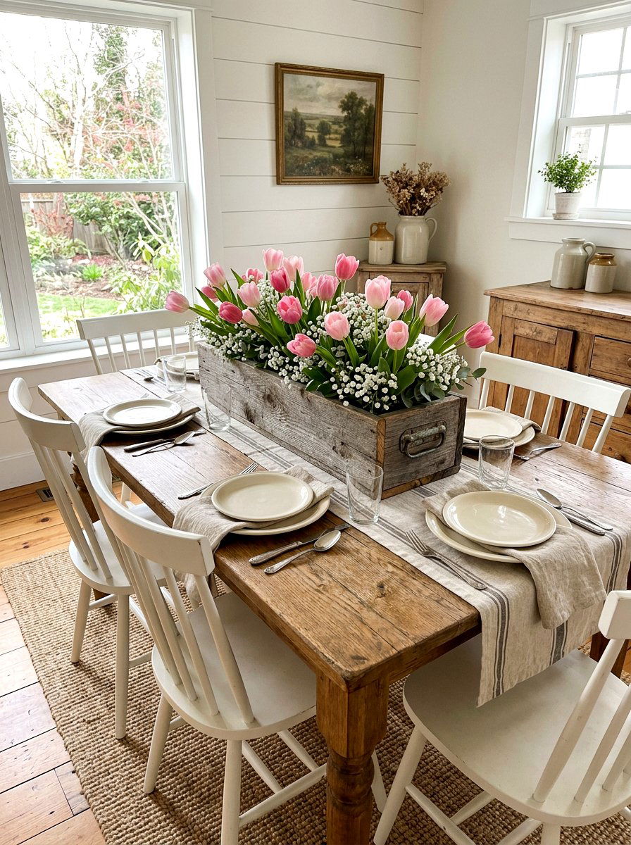 Rustic Wooden Box Centerpiece - 25 Spring Dining Table Centerpiece Ideas