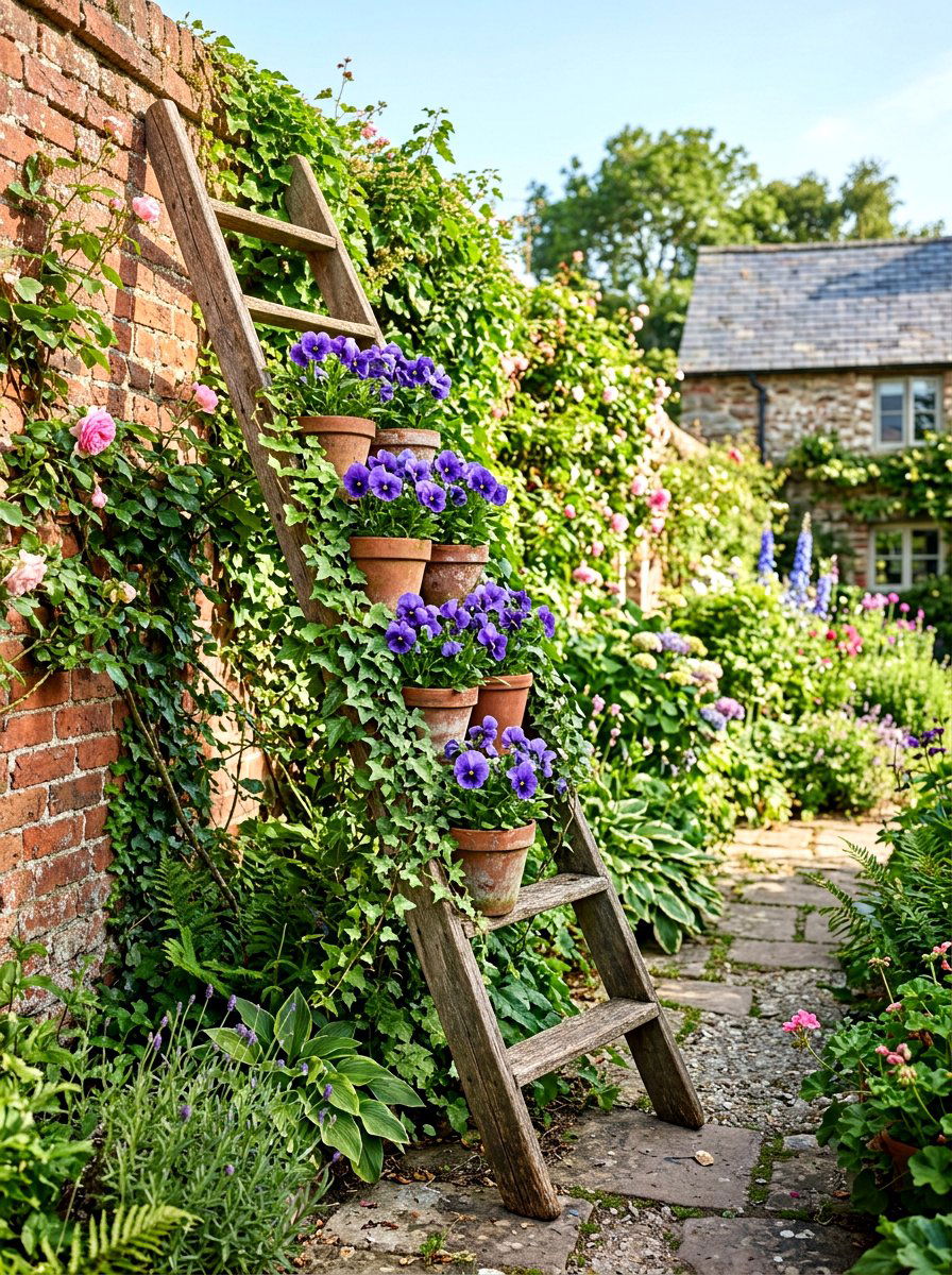 Rustic Wooden Garden Ladder - 25 Spring Garden Ladder Display Ideas