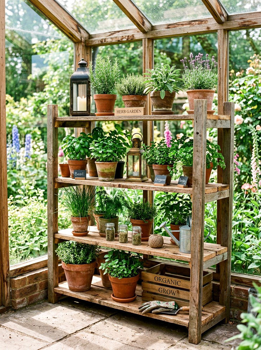 Rustic Wooden Greenhouse Shelving - 25 Spring Greenhouse Display Ideas