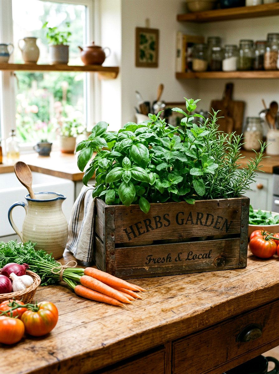 Rustic Wooden Herb Crate - 25 Spring Herb Decor Ideas