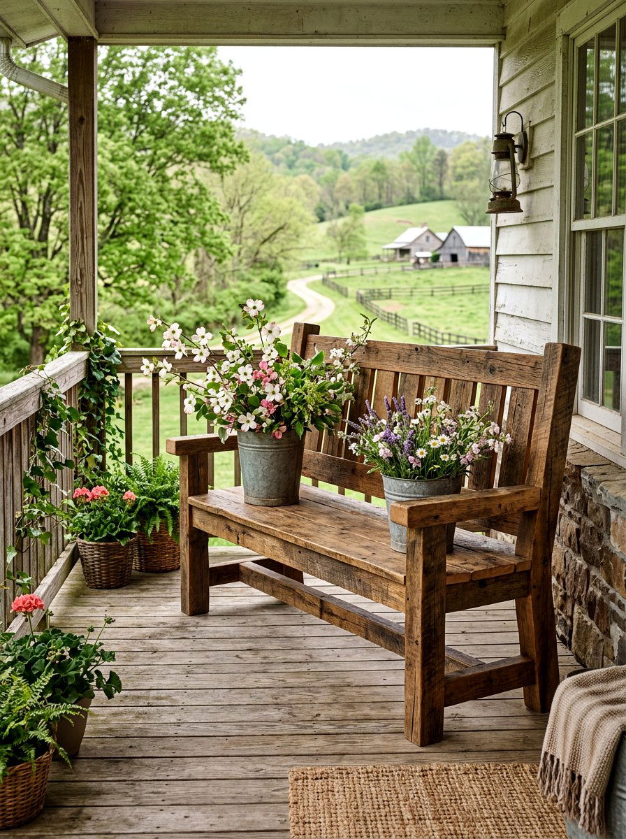 Rustic Wooden Porch Bench - 25 Porch Spring Decor Ideas