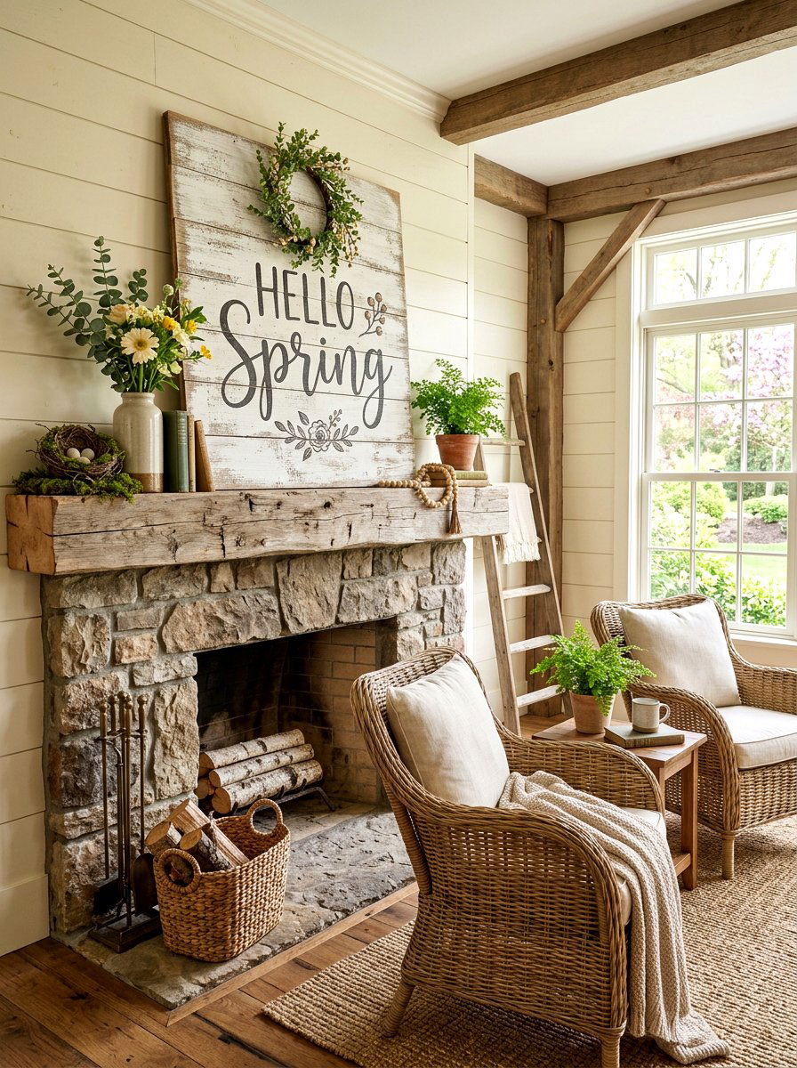 Rustic Wooden Sign Mantel - 25 Spring Fireplace Mantel Ideas