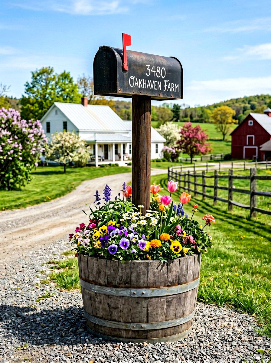 Rustic barrel mailbox base - 25 Spring Mailbox Planter Ideas
