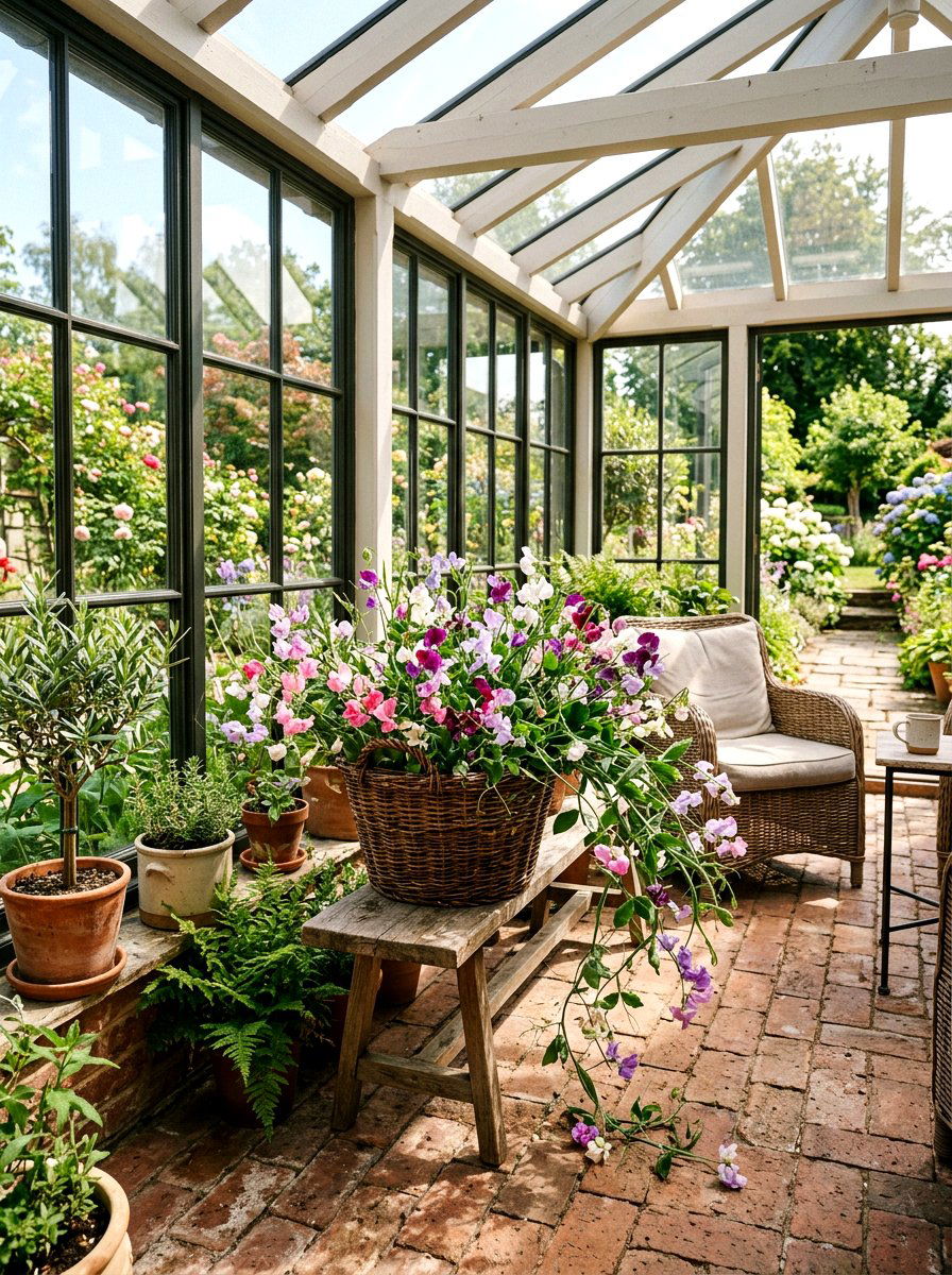 Rustic basket with sweet pea vine - 25 Spring Sweet Pea Arrangement Ideas
