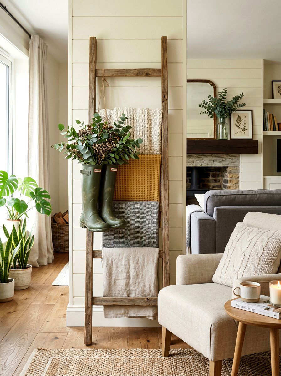 Rustic boot display on wooden ladder