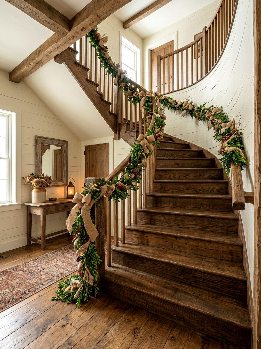 Rustic farmhouse greenery railing - 25 Spring Staircase Decor Ideas