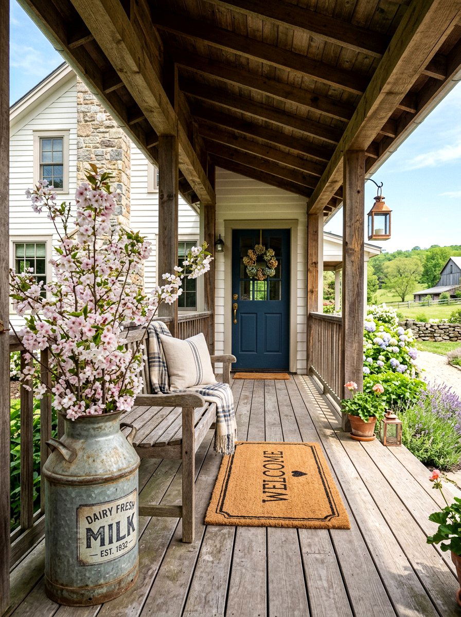 Rustic farmhouse milk can porch - 25 Spring Galvanized Decor Ideas