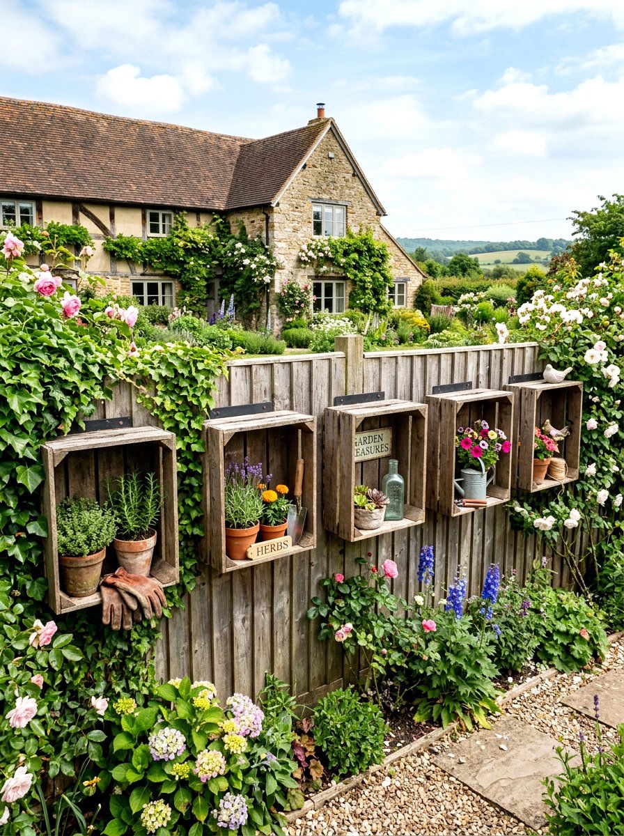 Rustic garden crates - 25 Spring Fence Line Decor Ideas