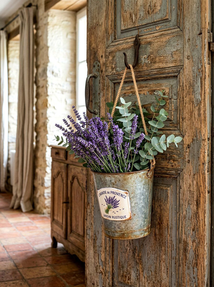 Rustic hanging bucket with lavender - 25 Spring Flower Bucket Door Ideas