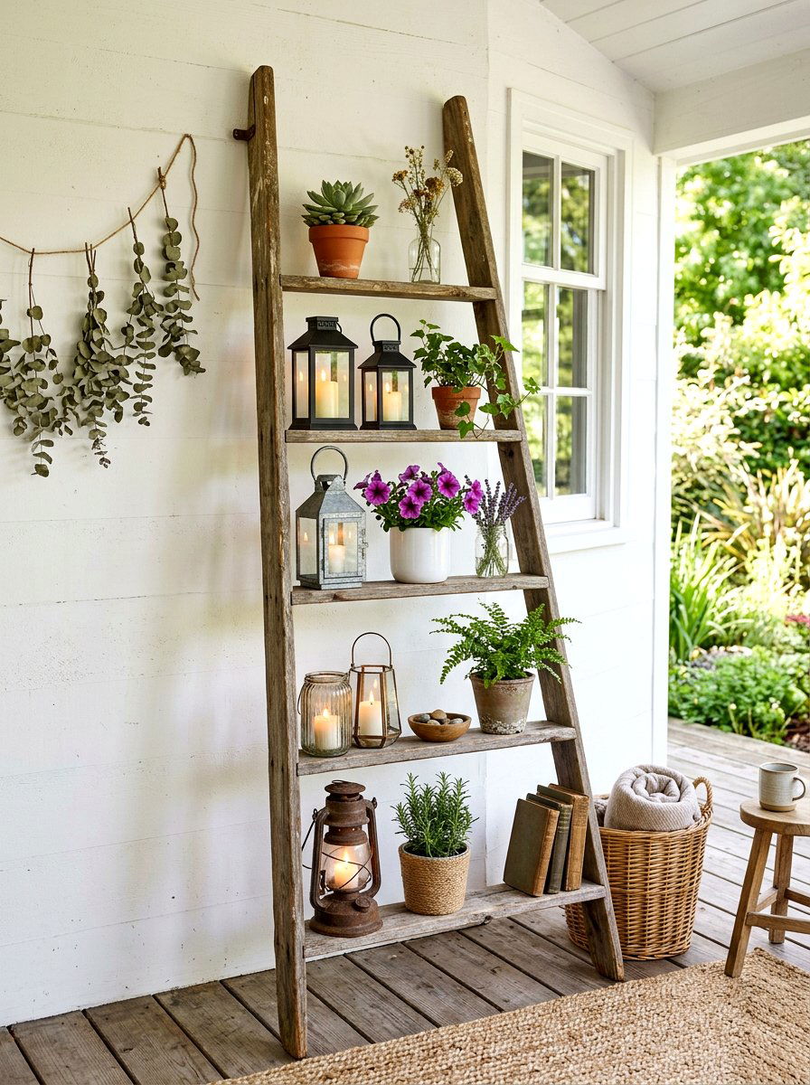 Rustic ladder candle shelf - 25 Spring Outdoor Candle Ideas