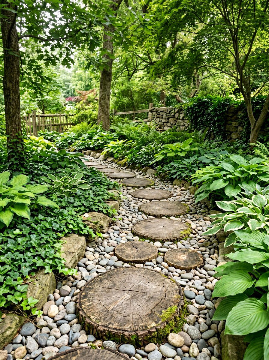 Rustic log slice walkway - 25 Spring Garden Path Decor Ideas