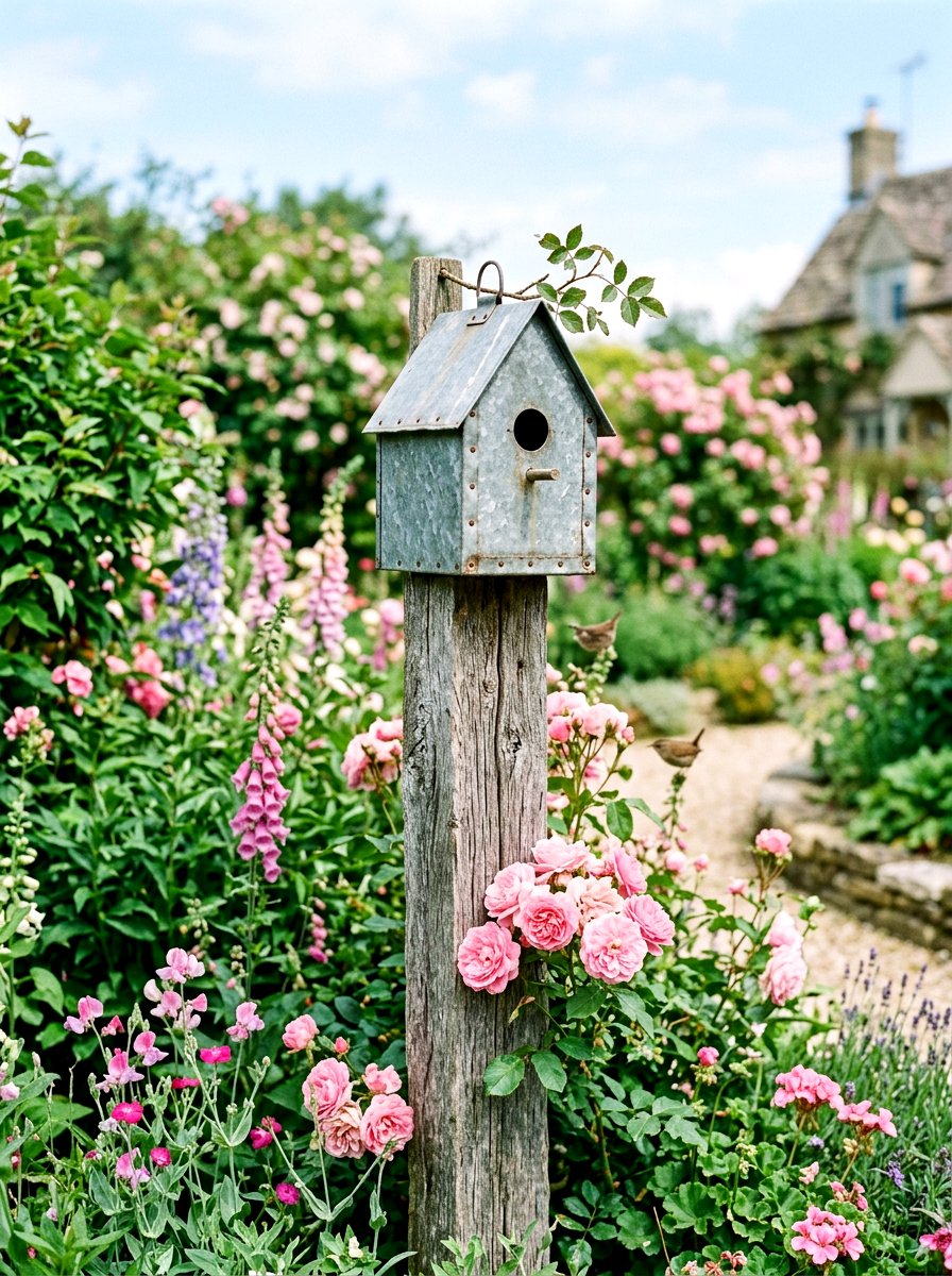 Rustic metal birdhouse garden - 25 Spring Galvanized Decor Ideas