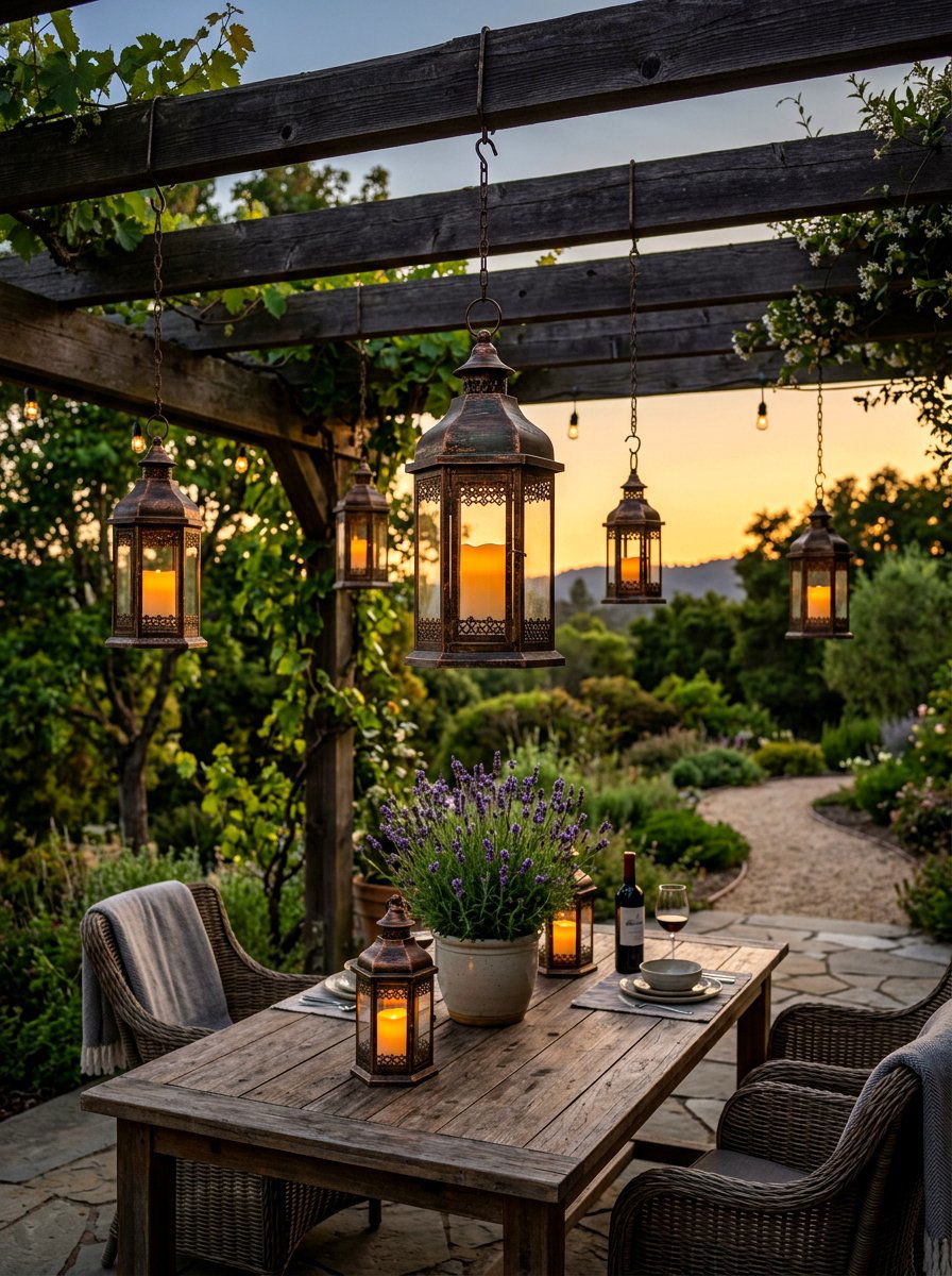 Rustic metal lanterns - 25 Spring Pergola Hanging Decor Ideas