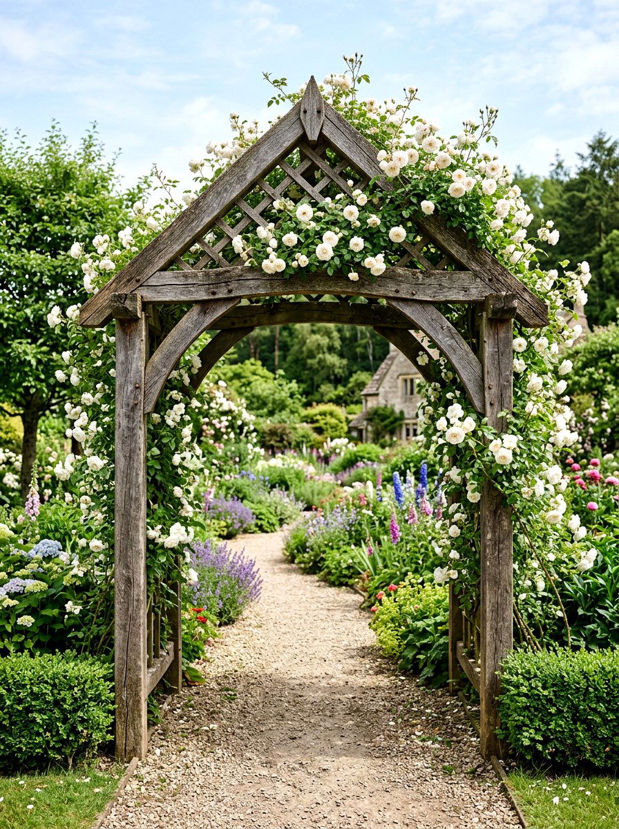Rustic wood garden arch - 25 Spring Front Walkway Decor Ideas