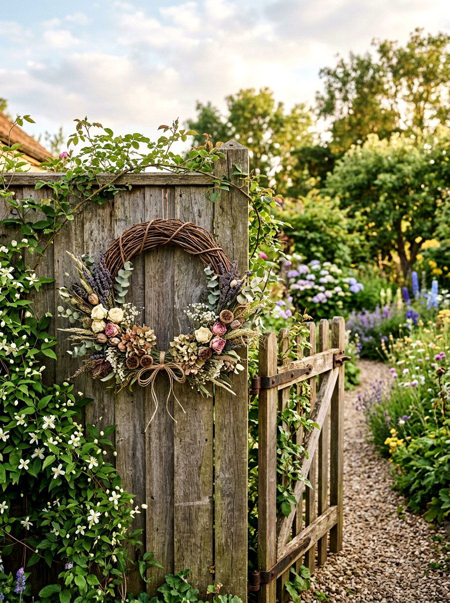 Rustic wood wreaths - 25 Spring Cottage Fence Decor Ideas