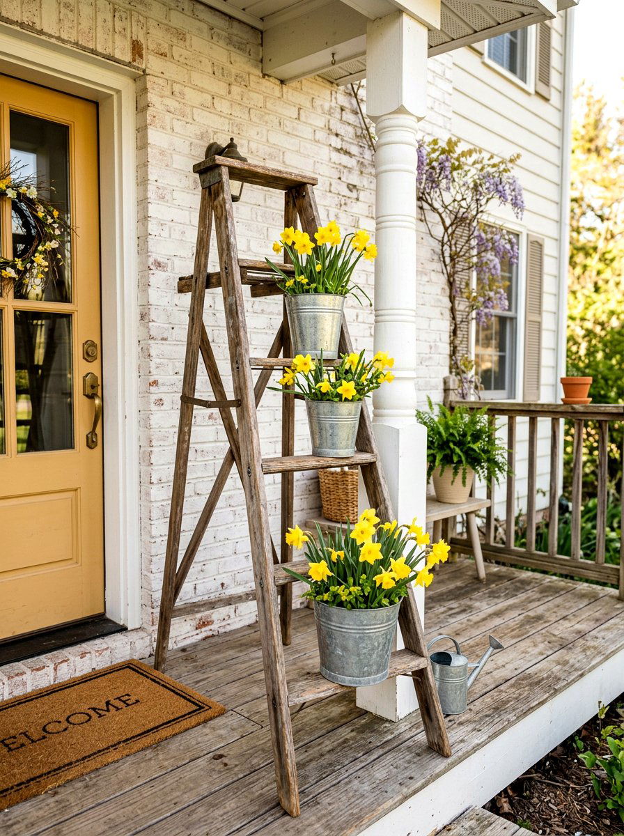 Rustic wooden ladder porch - 25 Spring Outdoor Ladder Decor Ideas