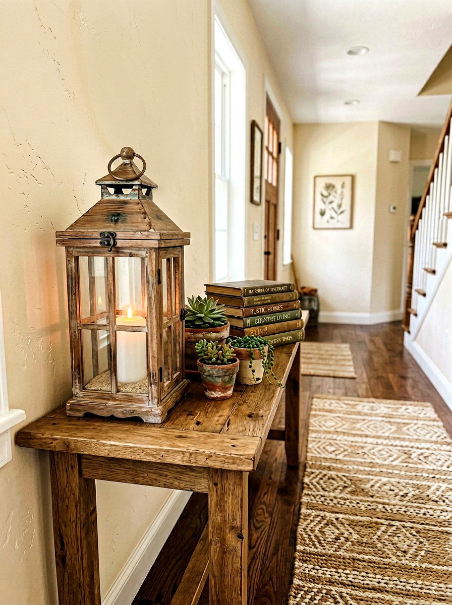 Rustic wooden lantern - 25 Spring Hallway Table Decor Ideas