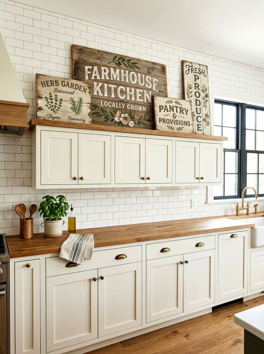 Rustic wooden signs - 25 Spring Above Cabinet Decor Ideas