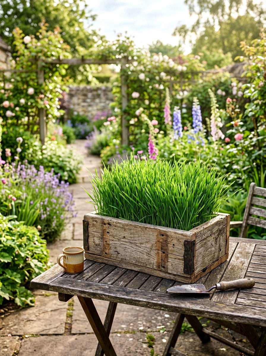 Rustic wooden wheatgrass planter - 25 Spring Wheatgrass Centerpiece Ideas