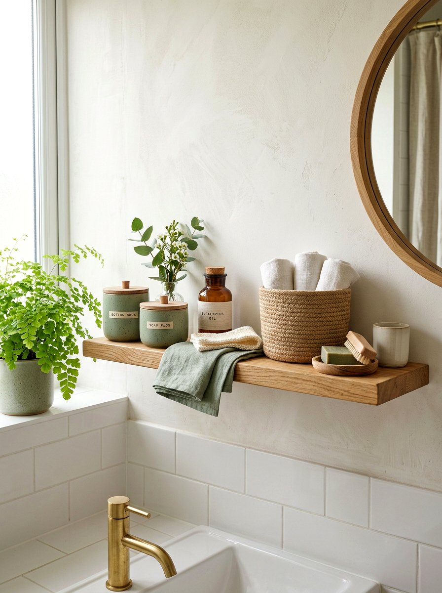 Sage Green Accent - 25 Spring Bathroom Shelf Decor Ideas