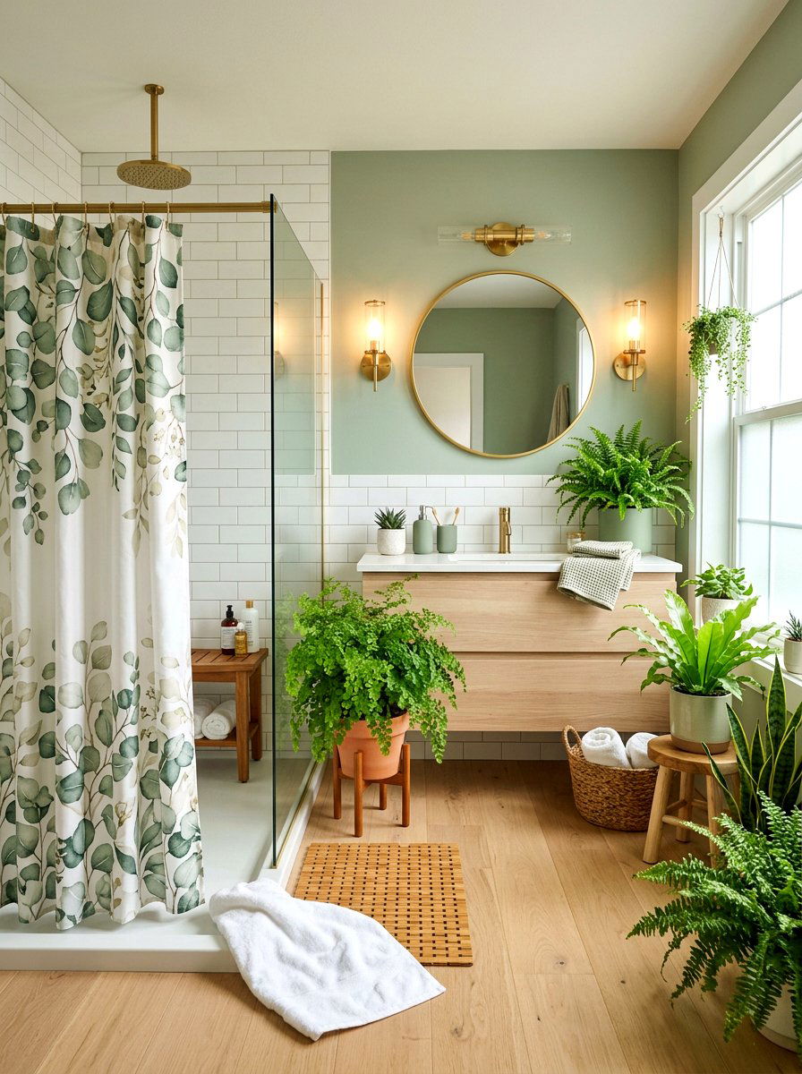 Sage Green Botanical Bathroom - 25 Spring Shower Curtain Ideas