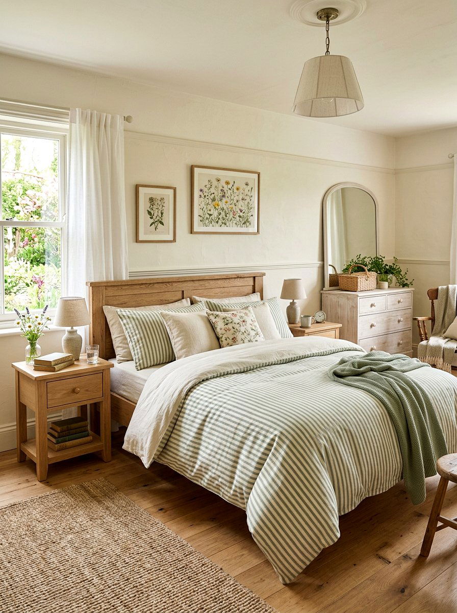 Sage Green Ticking Stripe Bedroom - 25 Spring Striped Decor Ideas