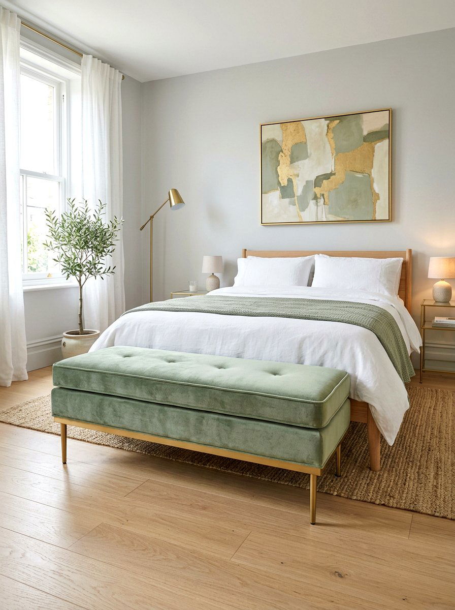 Sage Green Velvet Bench - 25 Spring Bedroom Bench Ideas