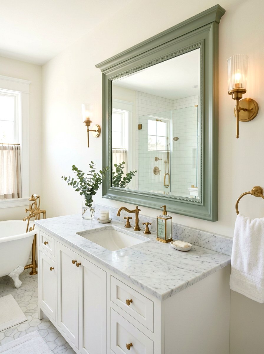 Sage green mirror frame - 25 Spring Bathroom Mirror Decor Ideas